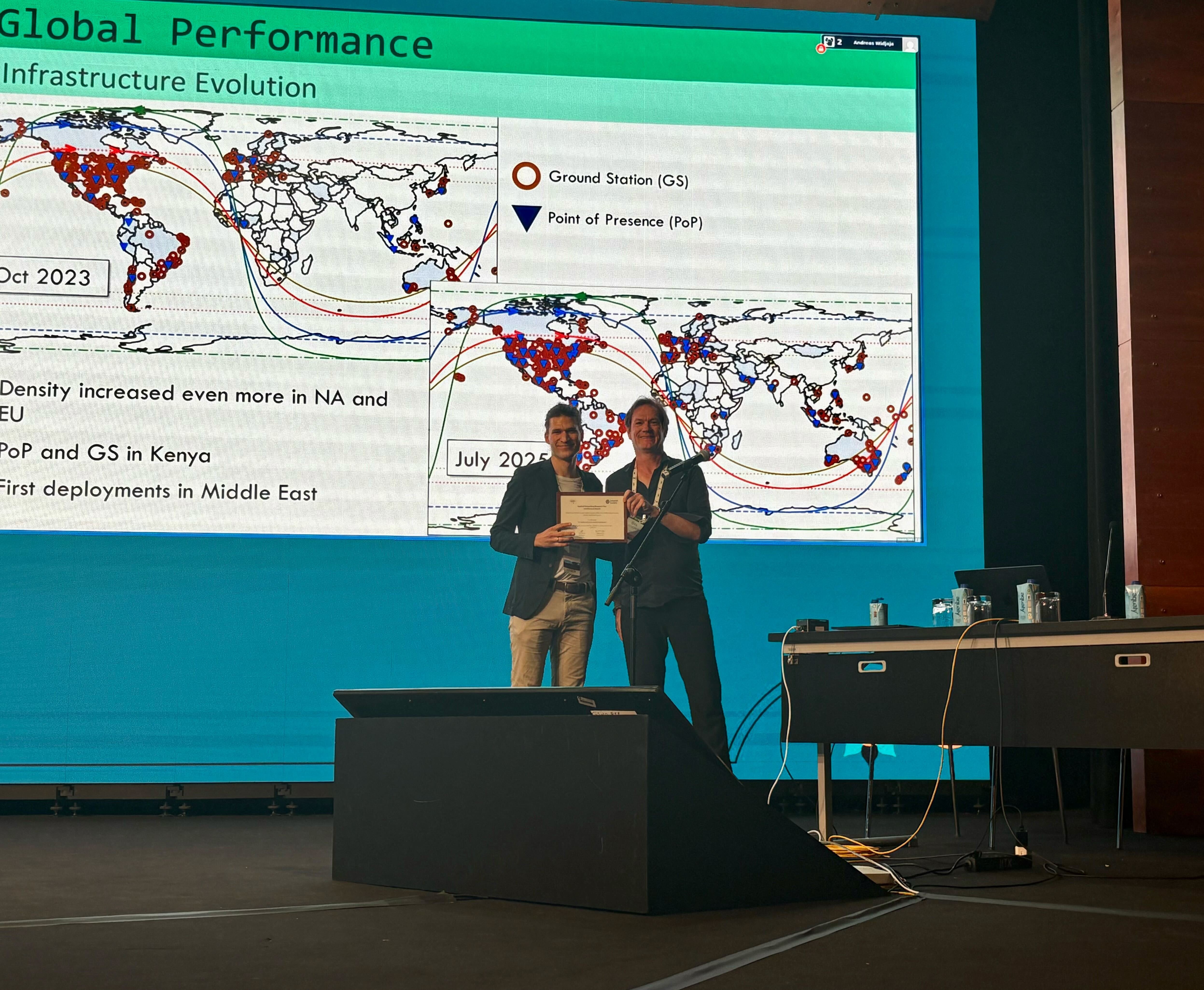 Hendrik Chec receives the Applied Networking Research Prize from IRTF Chair Dirk Kutscher during the IRTF Open session at IETF 123.